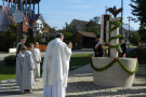 Pfarrer vor geschmücktem Brunnen.