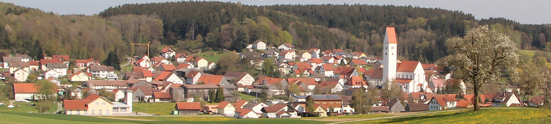 Kirchhaslach in Mittelschwaben mit der barocken Wallfahrtskirche „Maria Himmelfahrt“ im Frühlingsgewand.  Im Vordergrund blühende Wiesen, Bäume und Sträucher.