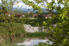 Blick durch Äste auf ein Gewässer. Im Hintergrund Kirchturm und Dächer. 